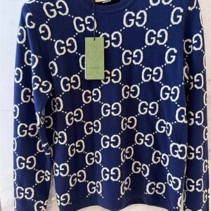Gucci Blue and White Logo Crew Neck Sweater